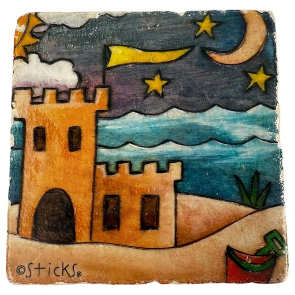 2 Studio Vertu Sticks Tumbled Italian Marble Coasters Dog Castle Cork Back USA - Picture 2 of 5